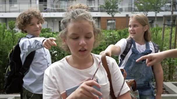 Groupe d'écoliers se moquent de leur camarade de classe. La cruauté envers les enfants. Intimidation scolaire. — Video