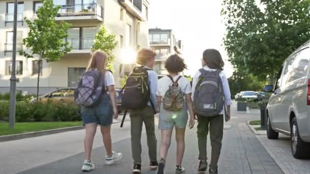 Klasskamrater på väg från skolan. Skolvänskap. Tillbaka till skolan. — Stockvideo