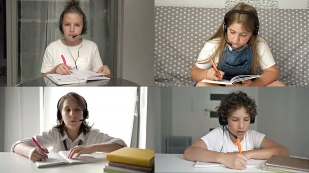 Videoconferencia. Los estudiantes se comunican con el profesor a través de Internet. Concepto de aprendizaje a distancia . — Vídeos de Stock