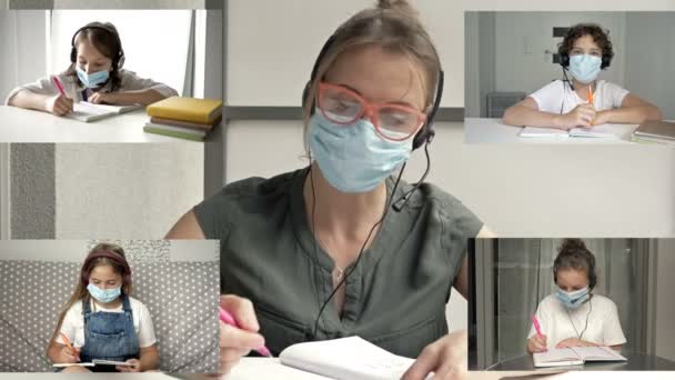 Afstandsonderwijs. Op het beeldscherm, leraar en leerlingen in beschermende maskers. Preventie van coronavirusinfectie. — Stockvideo