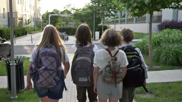 Vier Teenager kehren gemeinsam von der Schule zurück. Auf den Gesichtern der Kinder Schutzmasken. Notwendige Maßnahme während einer Epidemie. — Stockvideo