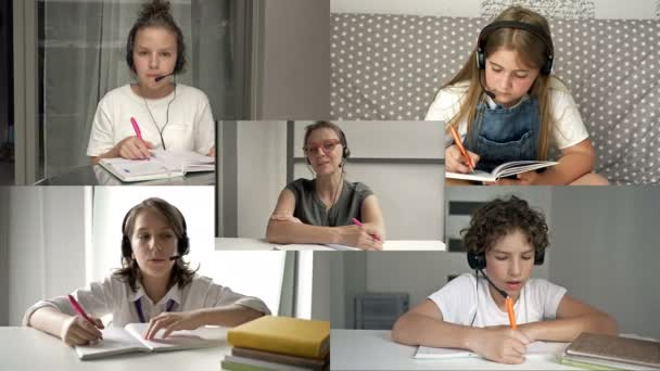 Computer monitor en leraar met kinderen die studeren via internet. Online onderwijs, afstandsonderwijs, communicatie, onderwijs, studie. — Stockvideo