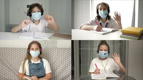 Ensino à distância. No monitor os alunos em máscaras protetoras. Prevenção da infecção pelo coronavírus . — Vídeo de Stock