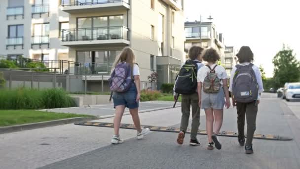 Quattro compagni di scuola vanno a scuola insieme. I bambini hanno buon umore. — Video Stock