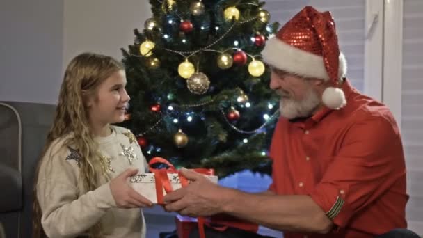 The happy grandfather giving a gift box to a granddaughter near the christmas tree — Stock Video