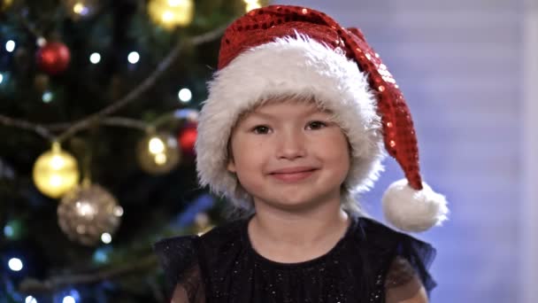 Menina criança em Santa chapéu jogar esconder e procurar perto de uma árvore de Natal. Humor lúdico — Vídeo de Stock