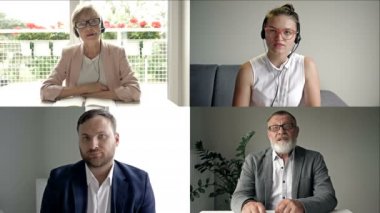 Video çevrimiçi konferans. İnsan grubunun video toplantısı. Çevrimiçi iletişim. Serbest çalışmak, e-öğrenim ya da evde bilgisayarla çalışmak.