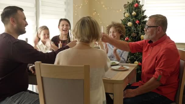 Grande família feliz celebrando o Natal juntos. Jantar de Natal festivo tradicional em família multigeracional. — Vídeo de Stock