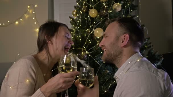 O par casado feliz com copos de champanhe celebra o Natal em casa. Noite, amor, expectativa de felicidade. Feliz Natal!. — Vídeo de Stock