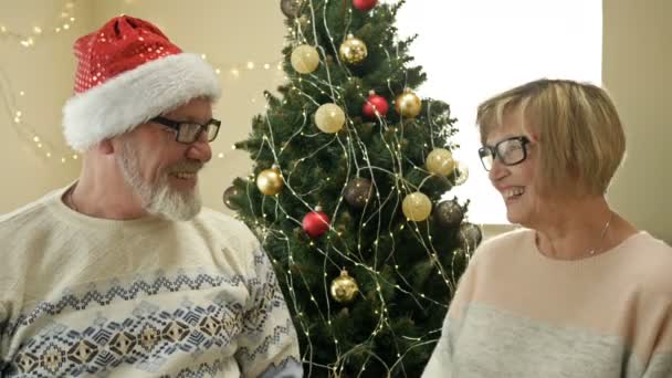 Casal de idosos alegres comemorando o Natal. Marido vestindo um chapéu de Papai Noel dá a sua esposa um presente. — Vídeo de Stock