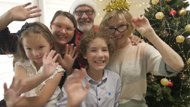 Familjen firar jul gratulerar någon via ett videosamtal från en dator. — Stockvideo