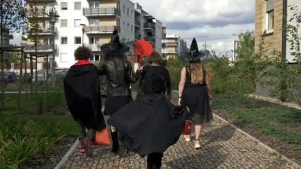 Fem barn i olika åldrar i svarta maskeraddräkter går från hus till hus för att tigga godis. Barn älskar Halloween. Bakifrån. — Stockvideo