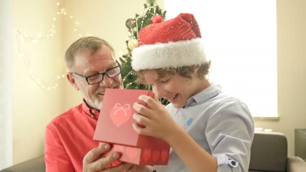 Kakek memakai topi Santa membuat hadiah Natal untuk cucu remajanya. Anak itu senang dengan hadiah itu. Terhadap latar belakang pohon Natal. Selamat Natal. Selamat Tahun Baru. — Stok Video