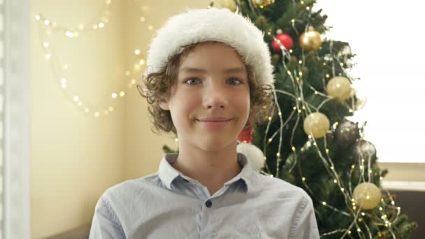 Retrato de um adolescente rindo usando um chapéu de Papai Noel. Contra o fundo da árvore de Natal. Feliz Natal. Feliz Ano Novo. — Vídeo de Stock