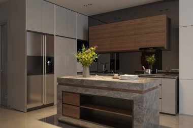 Modern iç tasarıma sahip yeniden kullanım mutfağı ve sonları