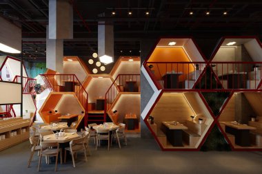 Moda iç tasarımı olan modern boş kahve dükkanı.