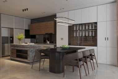 Parlak bar tabureleriyle kaplı parlak granit adayı aydınlatın, kolye ışıklarıyla çevrili.