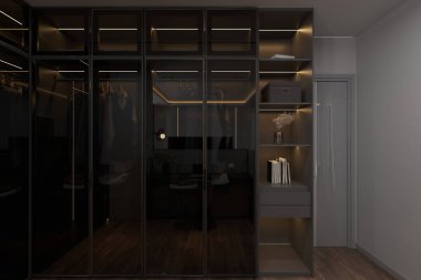 Dolapta paslanmaz kıyafetlerle dolaşmanın lüks modern tasarımı.