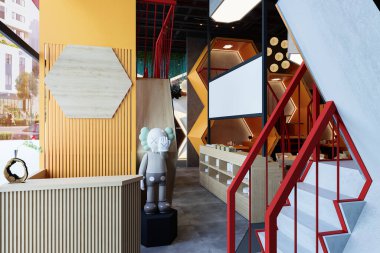 Modern kafe üst ve alt katlarda oturmak için merdivenlere sahiptir..