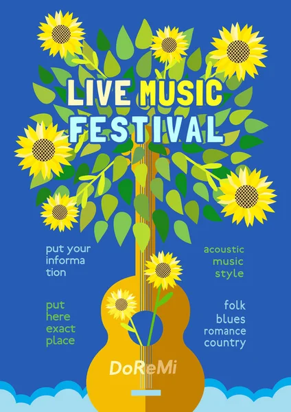 Şablon tasarım Poster ile akustik gitar siluet yaz çiçek. Canlı müzik festivali gösteri promosyon reklam için fikir tasarım. Mevsimlik olay arka plan vektör vintage illüstrasyon A4 boyutunda