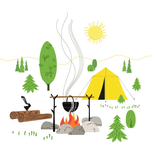 Campingplatzkonzept Minimaler Flacher Cartoon Lagerfeuer Kochen Zelt Pfadfinderlager Abenteuer Outdoor — Stockvektor