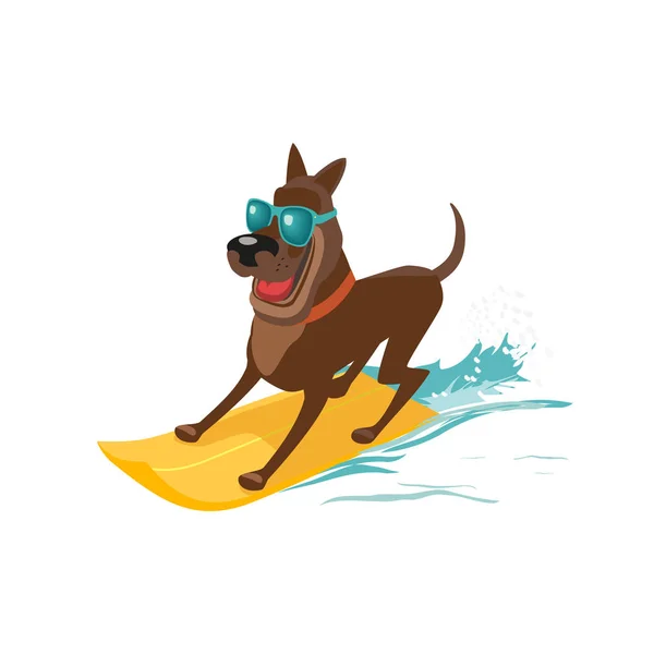Yaz eğlence spor idolü. Köpek izole sörf tahtası üzerinde. Renkli komik karikatür. Yerli evde beslenen hayvan macera deniz plajda sörf. Köpek gün yaz afiş arka plan. Tatil sezonu vektör çizim