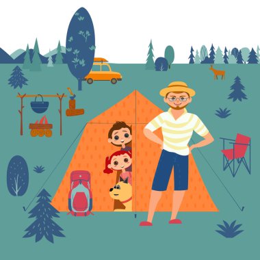 Aile kamp, mutlu çocuk, babası zevk dinlenme yaz kampı. Sevimli çizgi oğlu, kızı ve baba. Tatil açık boş zaman etkinliği yetişkin ve çocuklar. Tatil arka plan vektör çizim