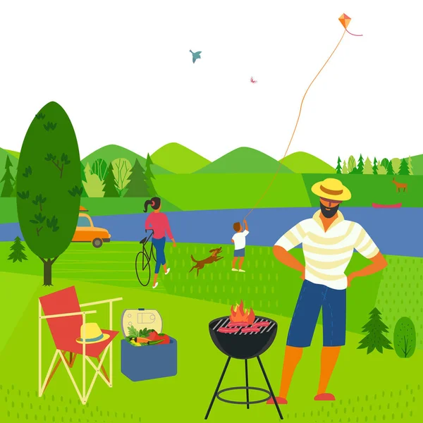 Rodinný Barbecue Piknik Letní Outdoor Concept Kreslený Barevný Plakát Sezónu — Stockový vektor
