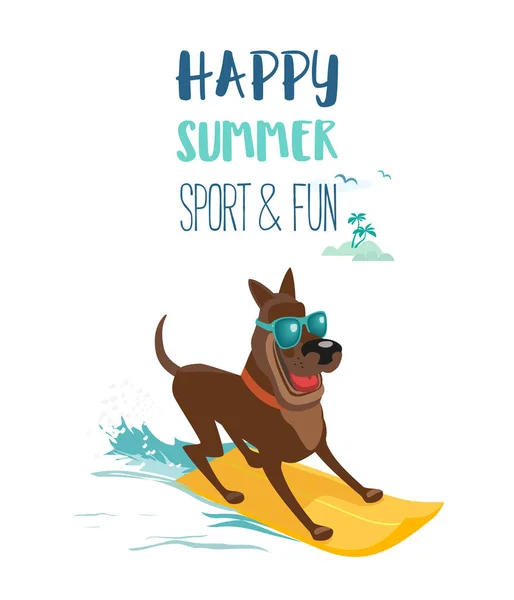 Sommerspaßsportkonzept Hundesurfen Strand Haustier Auf Surfbrett Farbenfroher Comic Abenteueraktivität Hundstagen — Stockvektor
