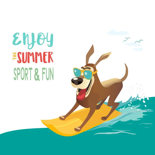 Yaz eğlence spor kavram. Köpek sörf tahtası üzerinde. Renkli komik karikatür. Deniz plaj ev evde beslenen hayvan macera etkinliği. Köpek gün yaz Banner. Sörf köpek köpek yavrusu. Tatil dinlenmek vektör çizim