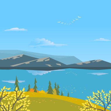 Dağ Yeşil Vadi manzarası. Sonbahar sarı sezon göl manzaralı görünüm poster. Ağaçlar Alp Dağları'nda nehir kıyısında. Serbest çizim karikatür açık havada retro tarzı. Vektör kırsal sahne afiş arka plan