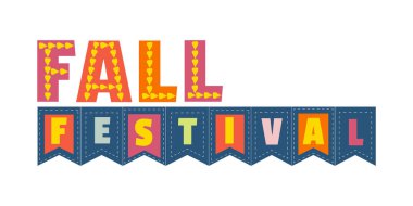 Güz Festivali. Elle çizilmiş tipografik öğe. Fantezi mektupları, bayraklar, sonbahar yaprakları. Beyaz arka plan üzerinde izole metin. Sonbahar Sonbahar Festivali davet. Adil hoş geldiniz flyer şablonu. Vektör çizim