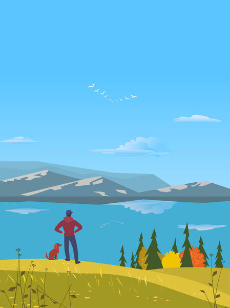 Autumnal lake landscape. Mountain green valley. Fall yellow season scenic view poster. Man, dog on river bank in Alps mountains. Minimal cartoon outdoors style. Vector countryside scene background. — Stock Illustration Autumnal lake landscape — Stock Vector