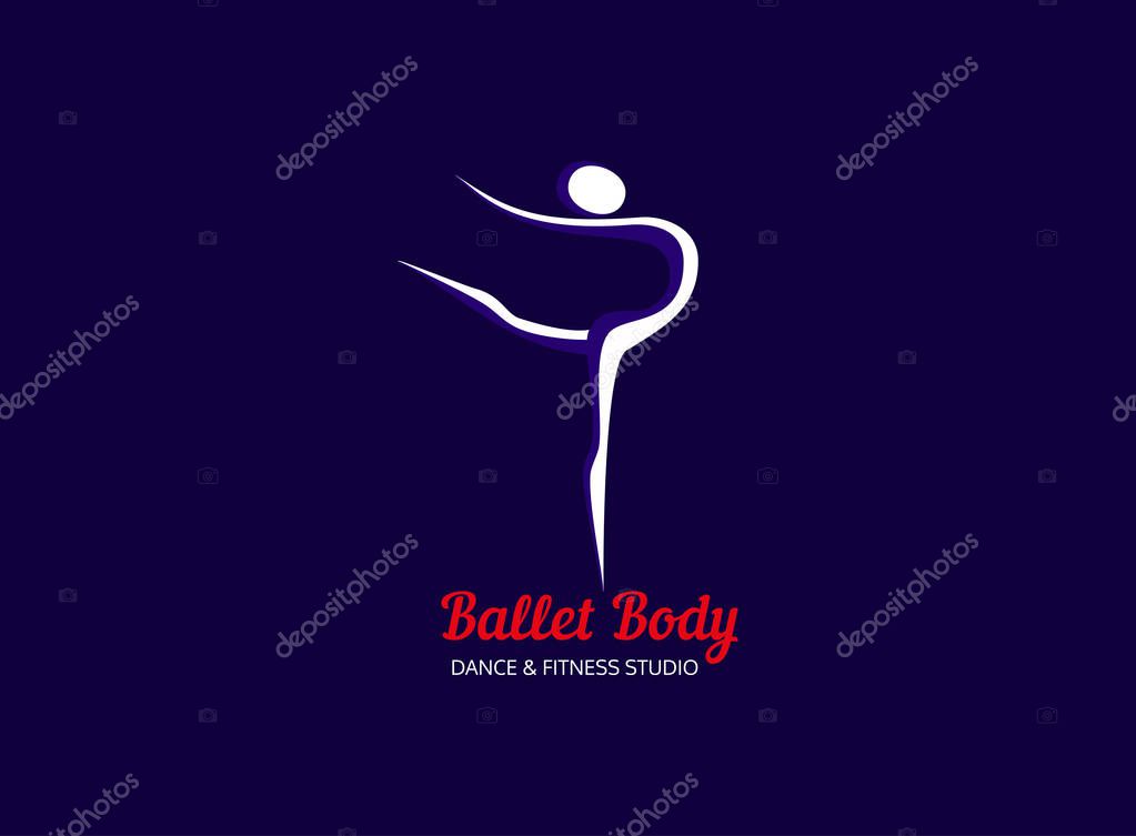 Dance icon concept. Ballet Body studio design template. People character logo. Fitness class banner background with sign symbol of abstract stylized ballerina in dancing pose. Vector illustration