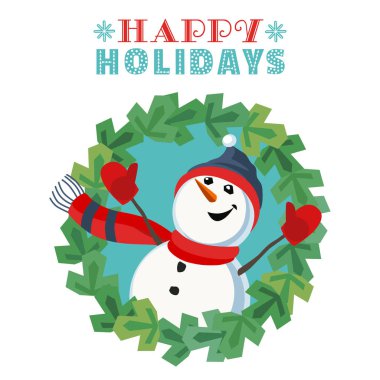 Süslü mevsimlik poster. Çizgi film eğlenceli eğlenceli kardan adam kar topu. Merry Christmas kış sezon tebrik kartı için şablon. Tatil mevsimlik şirin afiş arka plan. Yeni yıl arifesinde parti vektör çizim