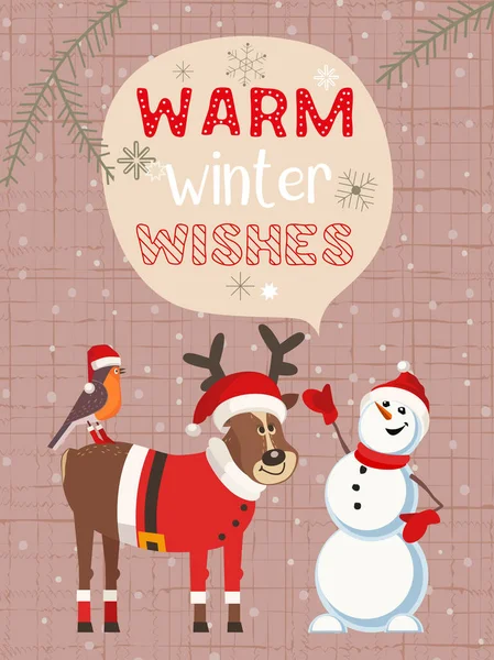 手の込んだ季節のポスター かわいい鹿のトナカイ ロビン 赤いサンタ帽子の雪だるま 冬のシーズンは レタリングをしたいです カラフルな遊び心のある漫画 ベクター冬の休日のグリーティング カード 新年イブ — ストックベクタ