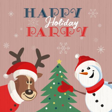Mutlu tatil parti poster. Sevimli geyik, kardan Noel Baba şapkalı adam. Noel ağacı. Renkli eğlenceli çizgi film. Komik mevsimsel yazı istiyor. Vektör kış tatil tebrik. Yeni yıl olay eğlenceli afiş