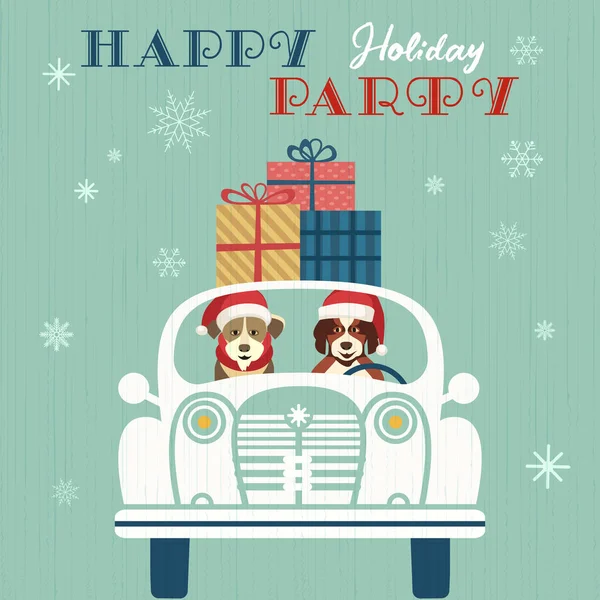 Cartel Fiesta Feliz Lindos Perros Entregan Regalos Navidad Coche Retro — Vector de stock