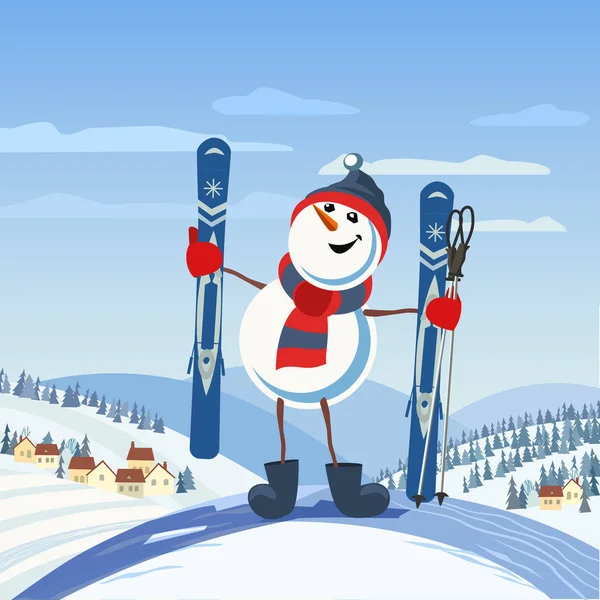Mooie Winter Poster Schattig Frosty Komische Sneeuwpop Sport Hoed Met — Stockvector