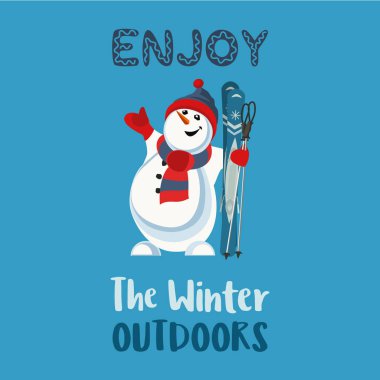 Sezon motivasyon tırnak kış açık havada keyfini çıkarın... Şirin komik frosty snowman dağ gökyüzü ile spor şapkalı. Komik kayakçı çizgi film simgesi. Boş zaman doğa açık hava etkinliği el ilanı, etikel vektör çizim