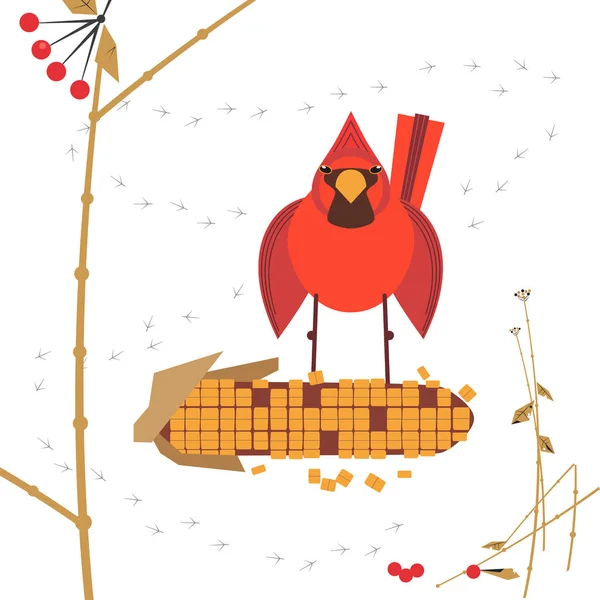 Schattig Noordelijke Rode Kardinaal Vogels Voeden Door Maïs Zaden Poster — Stockvector
