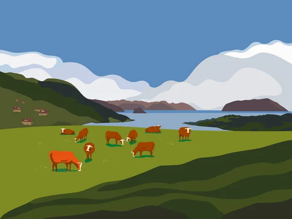 Nature outdoor valley landscape. Colorful cartoon. Farming herd of brown cows on meadow. Rural community scene view. Domestic cattle mammal on green grass hill, field. Vector countryside background
