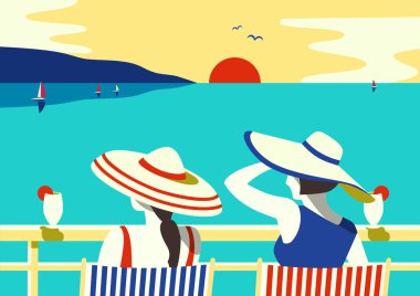 Yaz deniz manzarası. Mavi okyanus manzaralı poster. Freehand pop sanatının retro tarzını çizdi. Tatil sezonu deniz seyahati. Denize açılmak rahatlatır. Vektör turist gezisi reklamı geçmişi