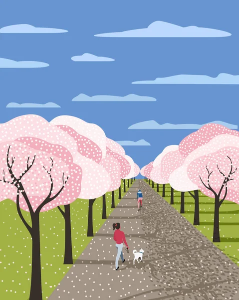 Allée sakura à fleurs dessinée à la main — Image vectorielle