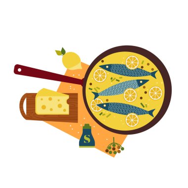 Taze balık tavada peynir ile pişmiş düz el çizilmiş vektör simgesi