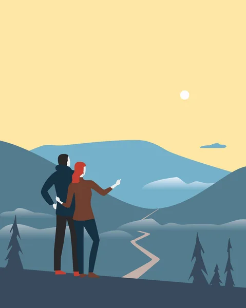 Couple de touristes dans la bande dessinée haute montagne — Image vectorielle
