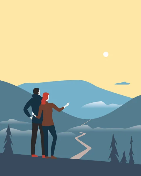 Pareja de turistas en alta montaña de dibujos animados — Vector de stock