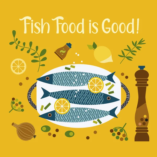Flat hand drawn vector fish cooking icon collection — Stock Vector
