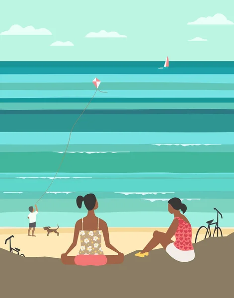 Chicas relajándose en el mar vector de playa concepto de color plano — Vector de stock