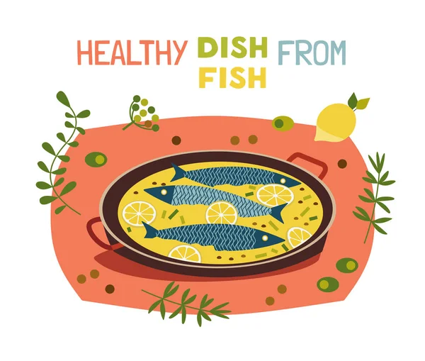 Плоска рука намальована векторна риба для приготування їжі типографічний плакат — стоковий вектор
